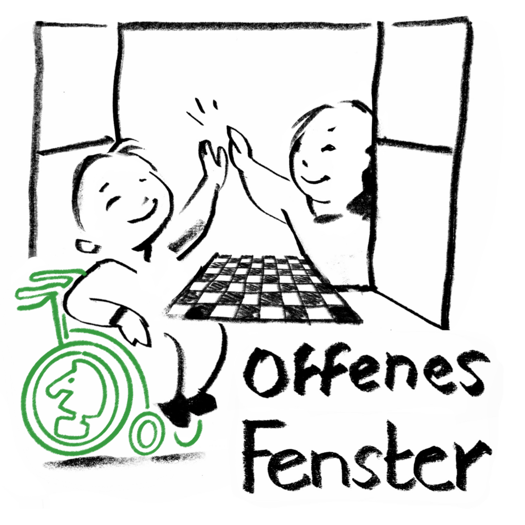 Das Bild zeigt zwei Personen, die durch ein Fenster miteinander in Kontakt treten. Eine Person sitzt in einem Rollstuhl, dessen Rad ein Schachpferd zeigt. Die andere Person steht außerhalb des Fensters. Beide geben sich ein High-Five, während zwischen ihnen ein Schachbrett zu sehen ist. Die Szene wirkt freundlich und positiv und suggeriert Zusammenarbeit oder gegenseitigen Respekt. Darunter ist in schwarz der Schriftzug "Offenes Fenster" zu sehen.