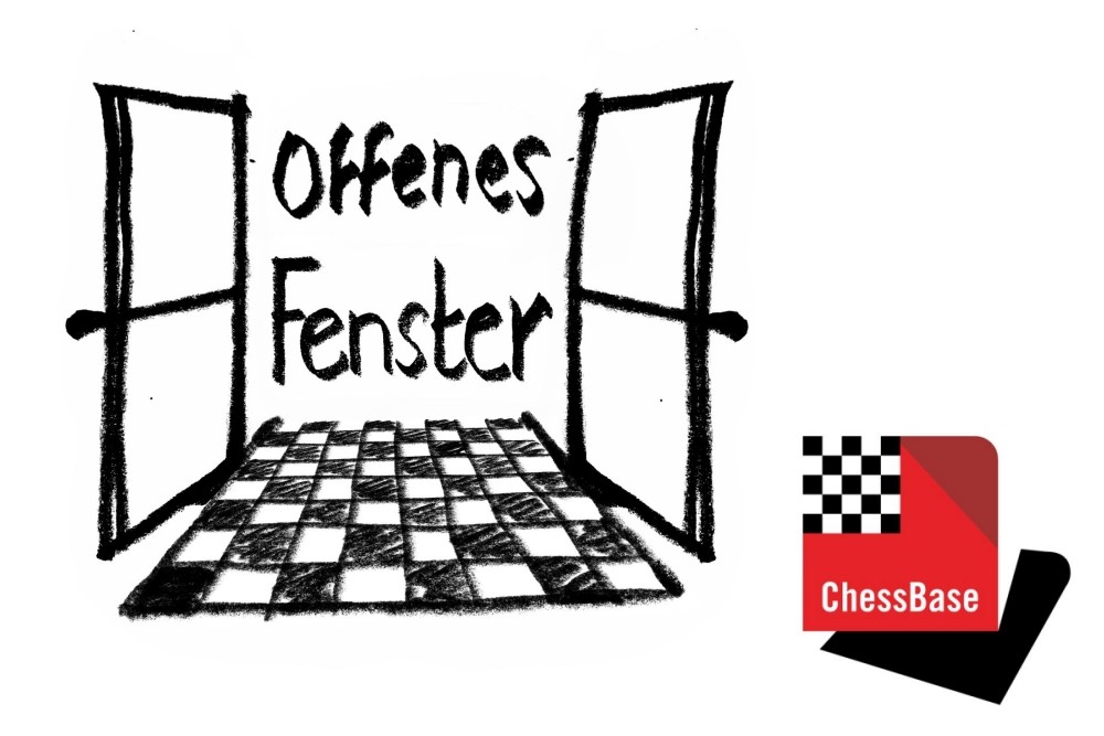 Die Logos von das Offene Fenster und ChessBase sind nebeneinander zu sehen. Das Logo vom Offenen Fenster ist ein schwarz gezeichnetes offenes Fenster mit dem Schriftzug "Offenes Fenster". Das Logo von ChessBase ist ein rotes abgerundetes Viereck mit etwas Schwarz und dem Schriftzuf in Weiß "ChessBase".