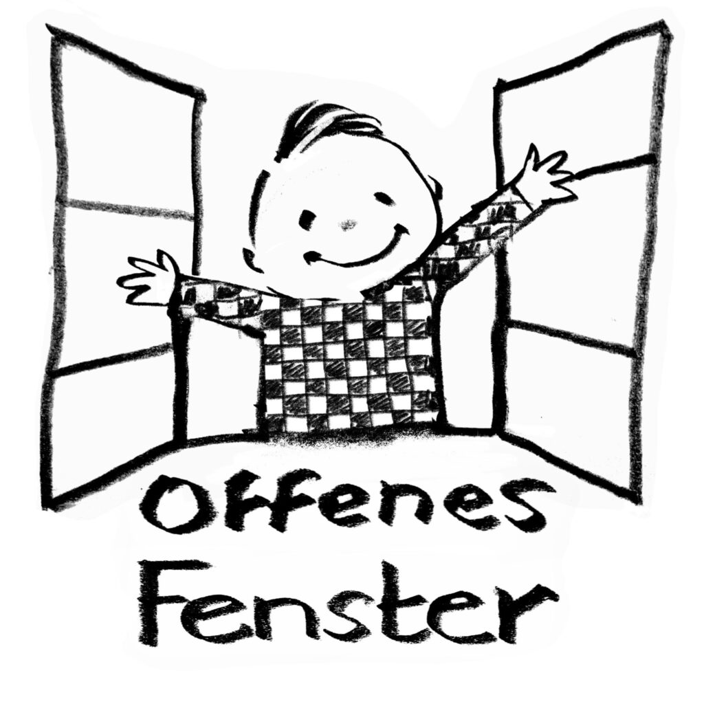 Das Logo vom Offenen Fenster ist zu sehen. Eine gezeichnete Person grüßt auf einem schwarzen, offenen Fenster. Darunter ist in schwarz der Schriftzug Offenes Fenster" zu lesen.