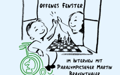Eine Zeichnung auf blauem Hintergrund von zwei Personen, die Schach spielen. Eine Person sitzt im Rollstuhl, die andere lehnt sich über ein Schachbrett und gibt der ersteren ein High-Five. Der Schriftzug "Interview mit Paralympic-Sieger Martin Braxenthaler ist zu lesen".