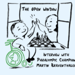 A cartoon-drawing on a blue background of two people playing chess. One person is sitting in a wheelchair, the other is leaning over a chessboard and giving the first person a high-five. The caption reads: "Interview with Paralympic champion Martin Braxenthaler."