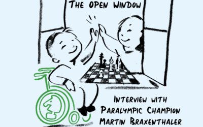 A cartoon-drawing on a blue background of two people playing chess. One person is sitting in a wheelchair, the other is leaning over a chessboard and giving the first person a high-five. The caption reads: "Interview with Paralympic champion Martin Braxenthaler."